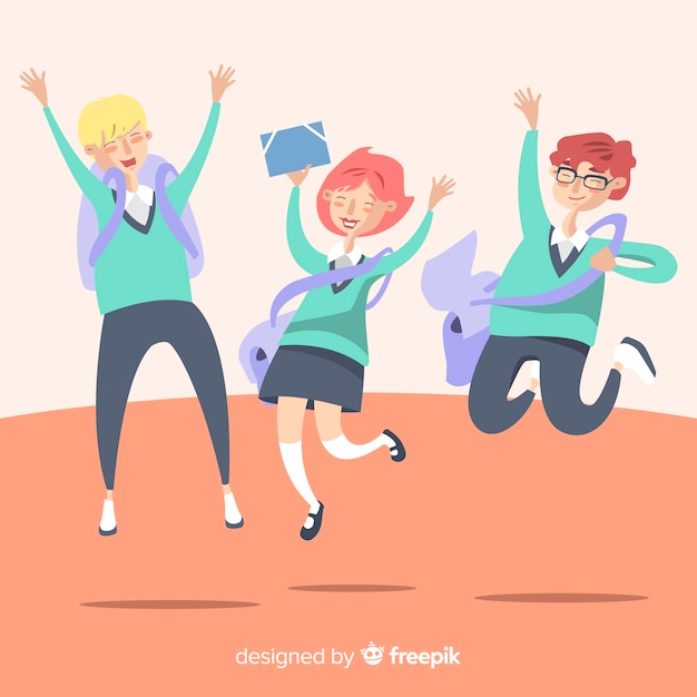 Happy students jumping with flat design