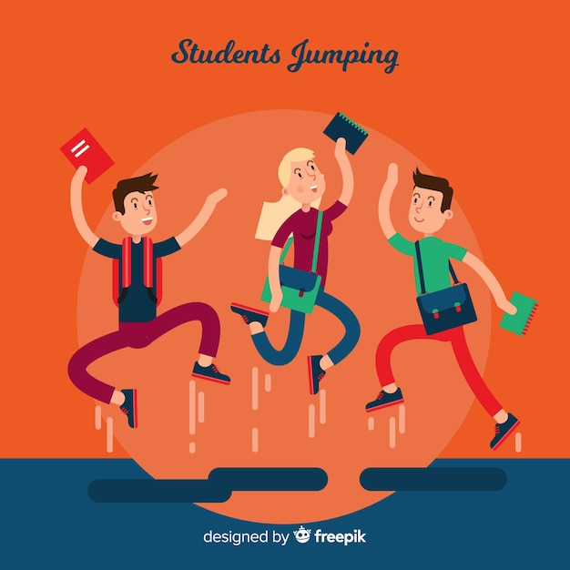 Счастливые студенты прыгают с плоским дизайном