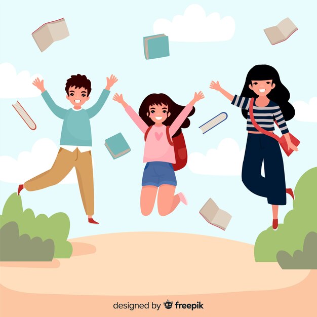 Happy students jumping with flat design