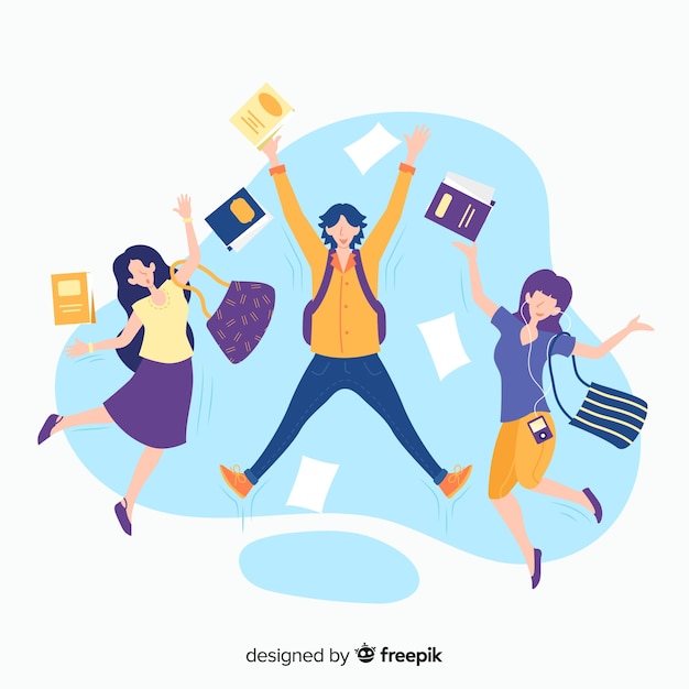 Happy students jumping with flat design