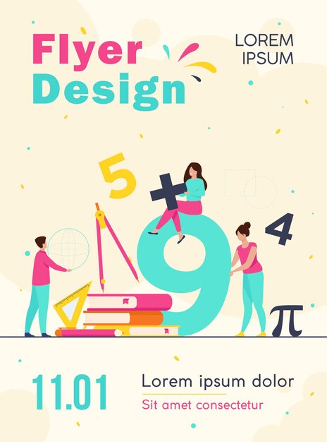 Happy students learning math in college or school isolated flyer template