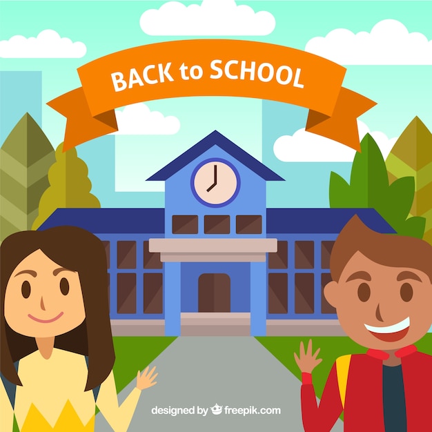 Free vector happy students with school background