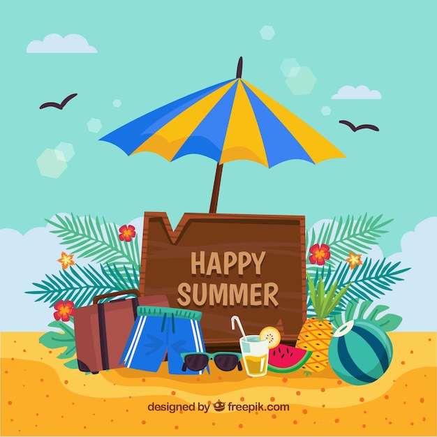 Free vector happy summer background with beach objects