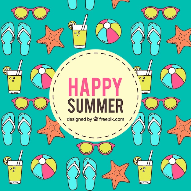 Free vector happy summer background with hand drawn accessories