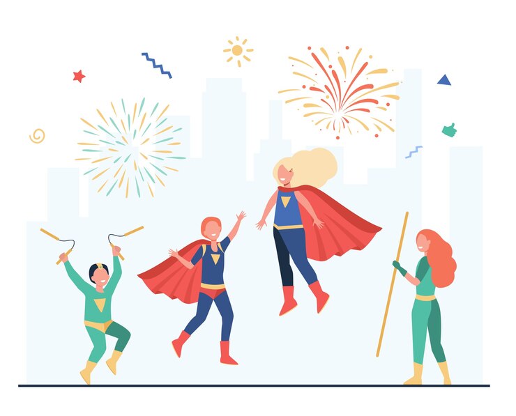 Free Vector happy superhero kids team flat illustration.