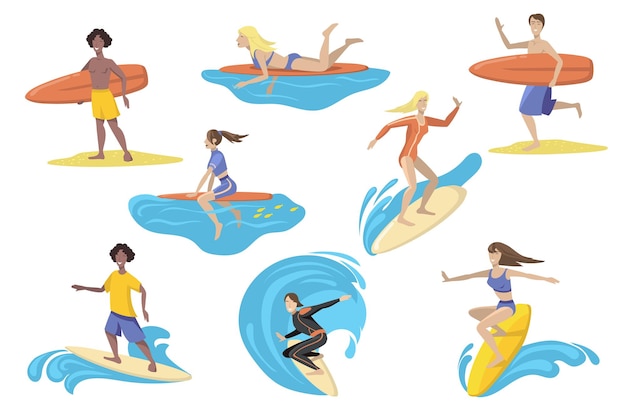 Happy surfers with surfboards flat set