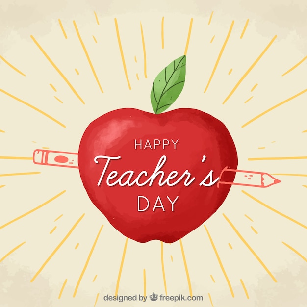 Счастливый день учителя, яблоко и карандаш