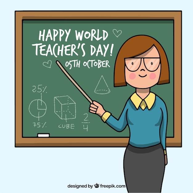 Free vector happy teacher's day, teacher pointing to the blackboard