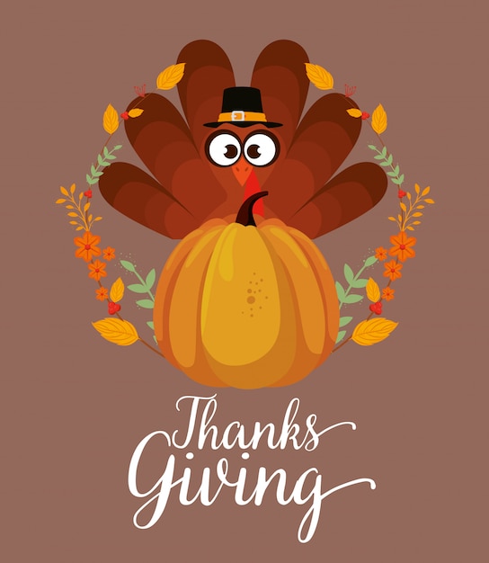 Free vector happy thanks giving card with turkey