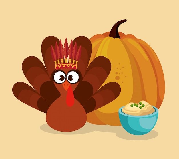 Free vector happy thanks giving with turkey