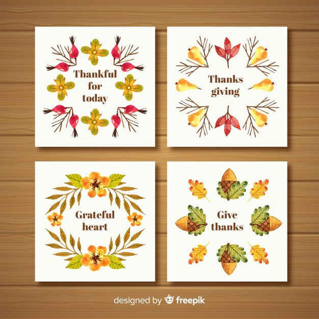 秋の要素のフレームとフラットなデザインで幸せな感謝カードコレクション