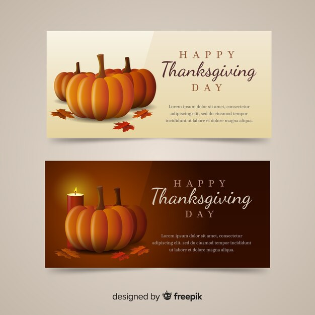 Happy thanksgiving day banner set with food and pumpkins