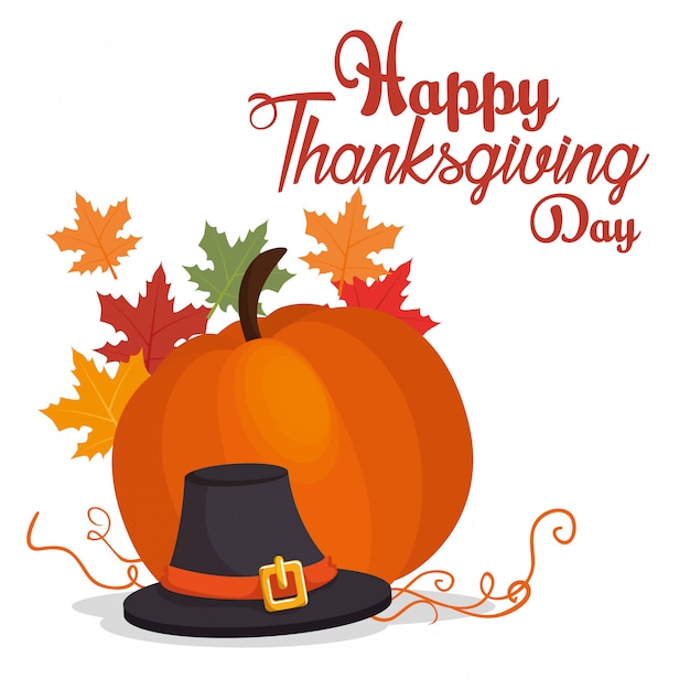 Free vector happy thanksgiving day card big pumpkin hat leaf