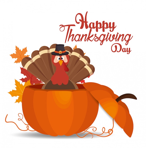 happy thanksgiving day card turkey hat pumpkin