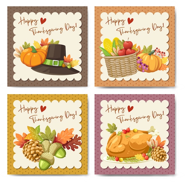 Happy Thanksgiving Day card with Pumpkin, Apple, Corn and Maple Leaves