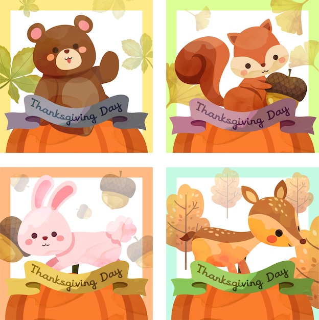 Happy thanksgiving day card con scoiattolo, orso, coniglio e cervo.