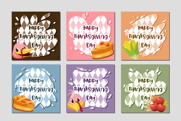 Happy thanksgiving day card with turkey, pumpkin, and pie.