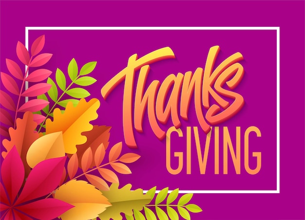 Free vector happy thanksgiving lettering with paper autumn leaf. vector illustration eps10