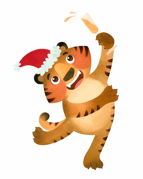 Happy tiger in santa hat dancing with a glass of champagne. the symbol of the new 2022.