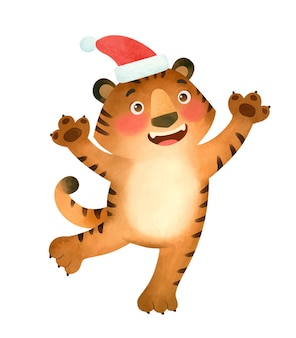 Happy tiger in a santa hat the symbol of the new year 2022
