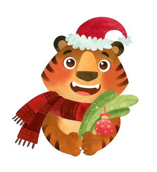 Happy tiger in santa hat with christmas tree branch the symbol of the new 2022