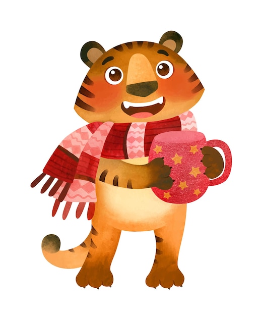 Happy tiger with a scarf and a mug of hot drink the symbol of the new 2022