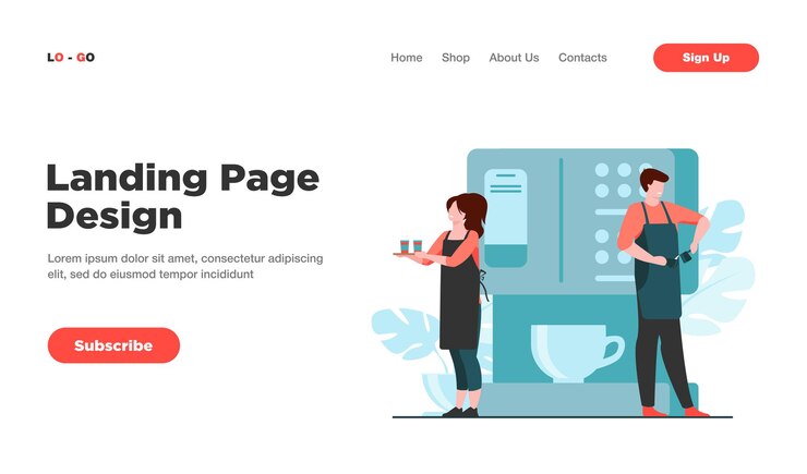 Free Vector happy tiny barista making coffee at huge machine landing page