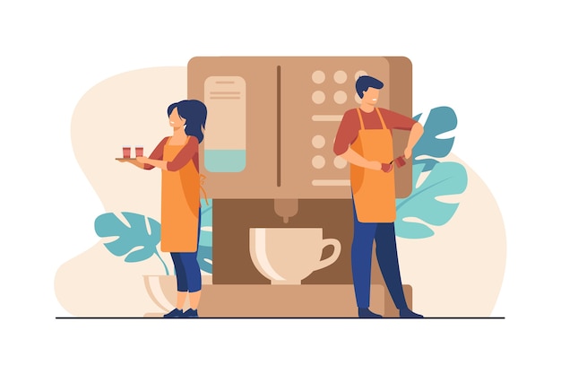 Happy tiny barista making coffee at huge machine. Waitress holding tray with paper cups flat illustration.