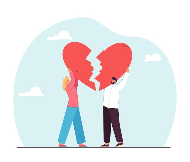 傷ついた心の2つの半分を保持している幸せな小さな漫画のカップル。男と女が一緒に心を固定するフラットベクトルイラスト。バナーやランディングウェブページの関係、愛、分裂の概念