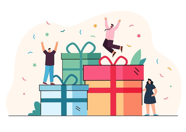 Happy tiny customers with reward, prizes for good job or gifts. winners people jumping on present boxes with confetti flat vector illustration. experience, birthday celebration, special bonus concept