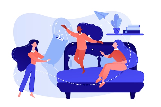 Felice gente minuscola adolescente femminile lotta con i cuscini in camera da letto al pigiama party. pigiama party, pigiama party di amici, concetto di festa di pigiama party. pinkish coral bluevector illustrazione isolata