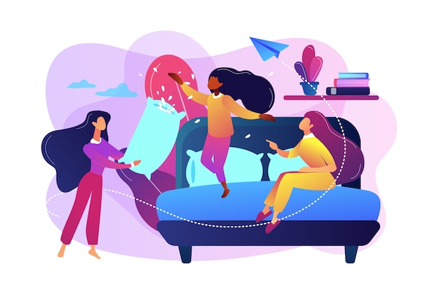 Бесплатное векторное изображение Счастливые крошечные люди девушки-подростки драка подушками в спальне на вечеринке. пижамная вечеринка, ночевка для друзей, концепция вечеринки по ночам.