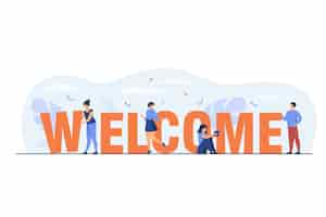 Free vector happy tiny people near huge welcome word flat illustration.