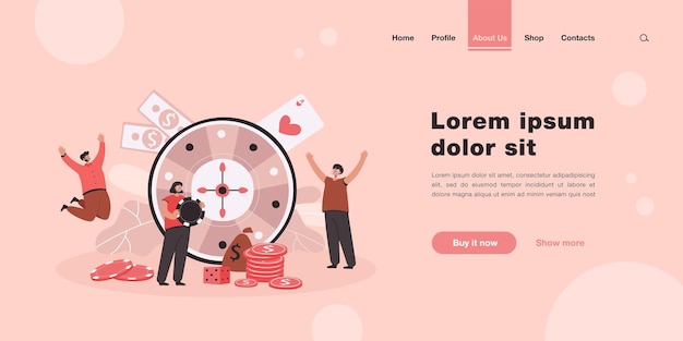 Happy tiny people playing casino roulette landing page in flat style