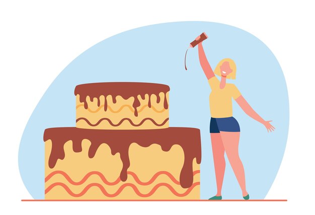 Happy tiny woman glazing cake with chocolate. cartoon illustration