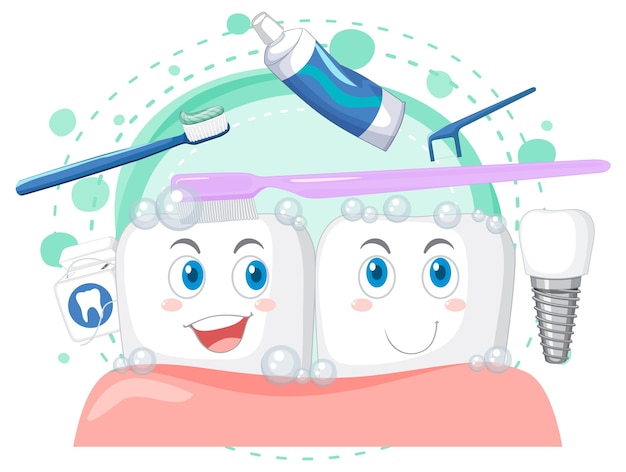 Happy tooth brushing itself with dental cleaning equipment