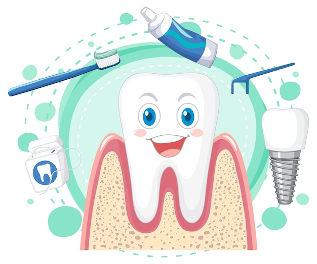 Счастливый зуб с оборудованием для чистки зубов