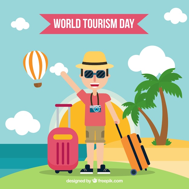 Free vector happy tourist on the beach with flat design