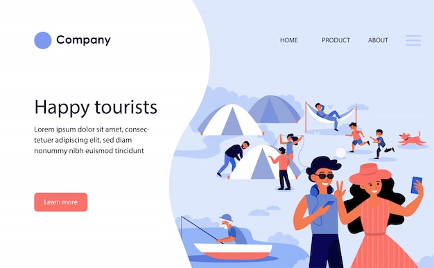 Happy tourists camping. website template or landing page
