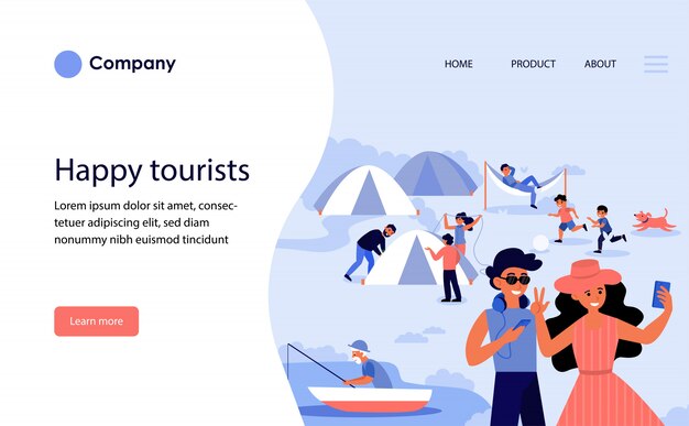 Happy tourists camping. Website template or landing page