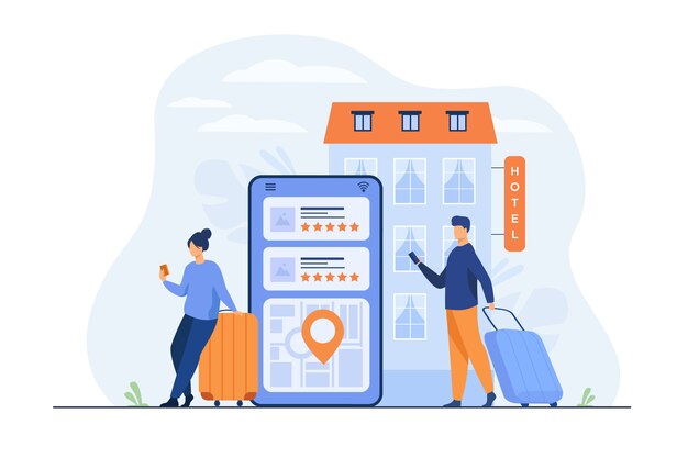 Happy tourists choosing hotel and booking room online flat illustration.