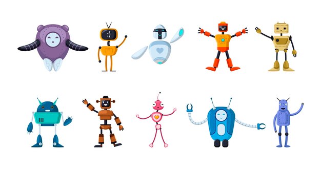 행복 한 장난감 로봇 만화 캐릭터 평면 벡터 일러스트 세트. 흰색 배경에 있는 아이들을 위한 귀여운 오래되고 미래적인 봇, 유치한 사이보그 또는 조수. 어린 시절, AI, 기술 개념