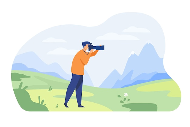 Happy travel photographer taking picture of nature isolated flat illustration