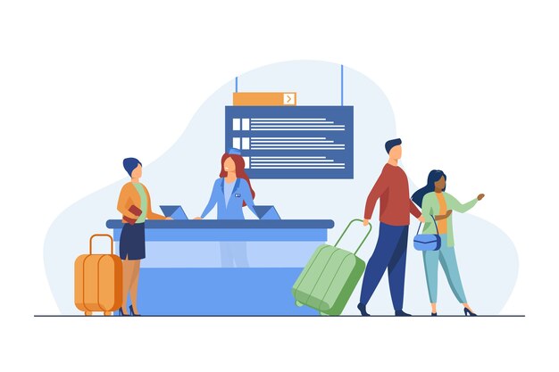 Happy travelers going through flight registration counter. Trip, baggage, luggage flat vector illustration. Travel and vacation