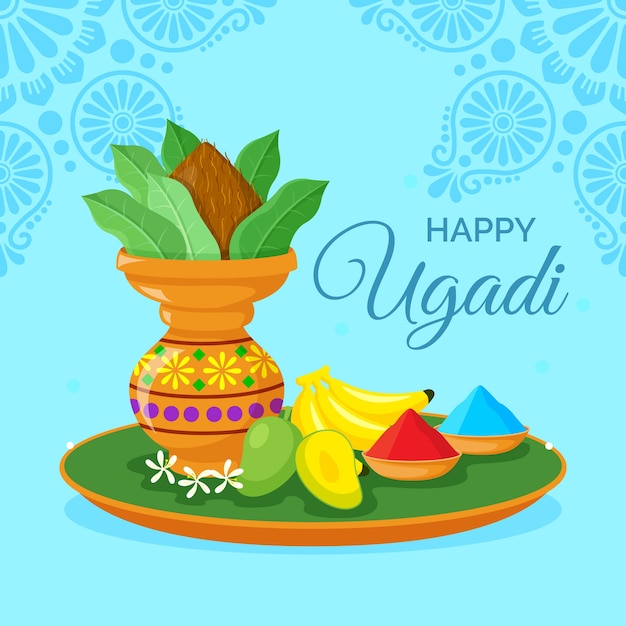 Free vector happy ugadi indian vase with powder and bananas