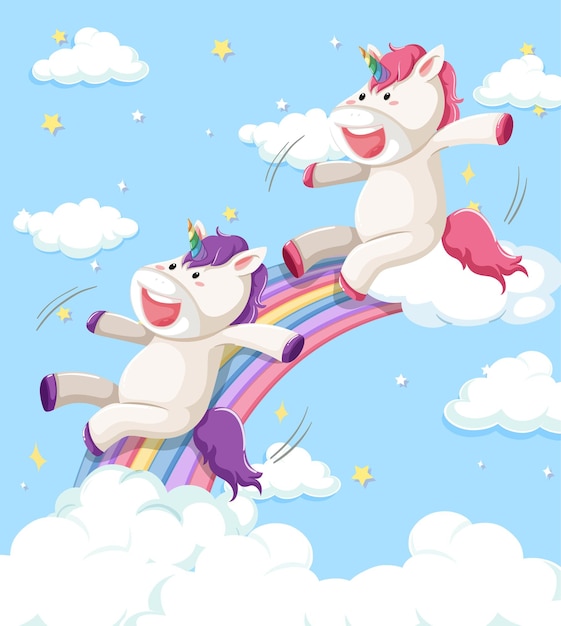 Happy unicorn sliding on rainbow with pastel rainbow isolated on white background