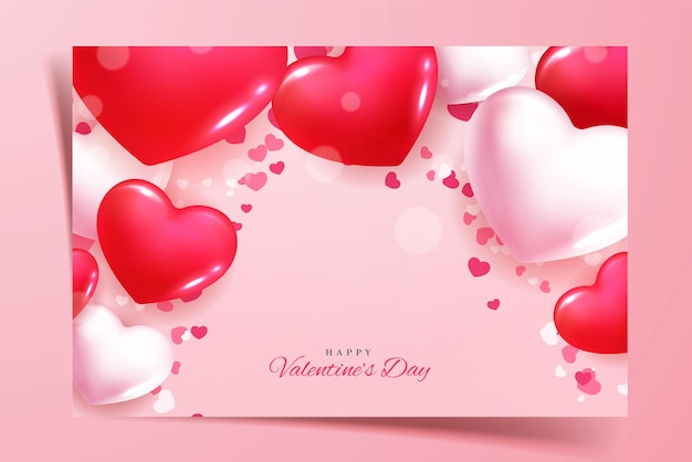 Happy valentine day congratulation with red and pink 3d heart shapes