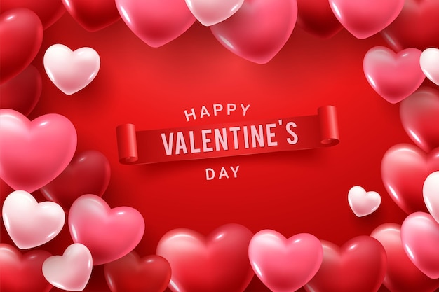 Happy Valentine Day congratulation with red and pink 3d heart shapes