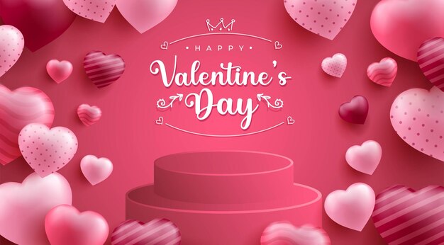 Happy Valentine's Day Background with Realistic Hearth or Love Shape and 3D Podium