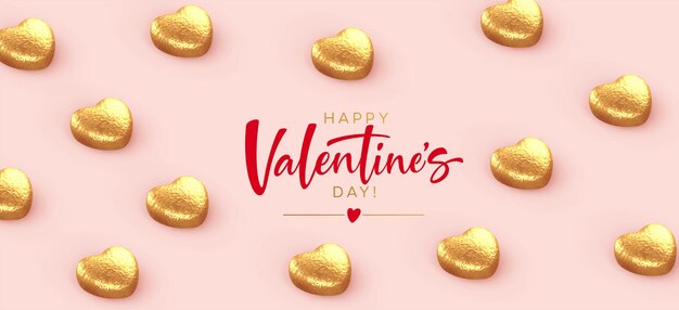 happy Valentine's Day banner, with heart-shaped golden chocolates